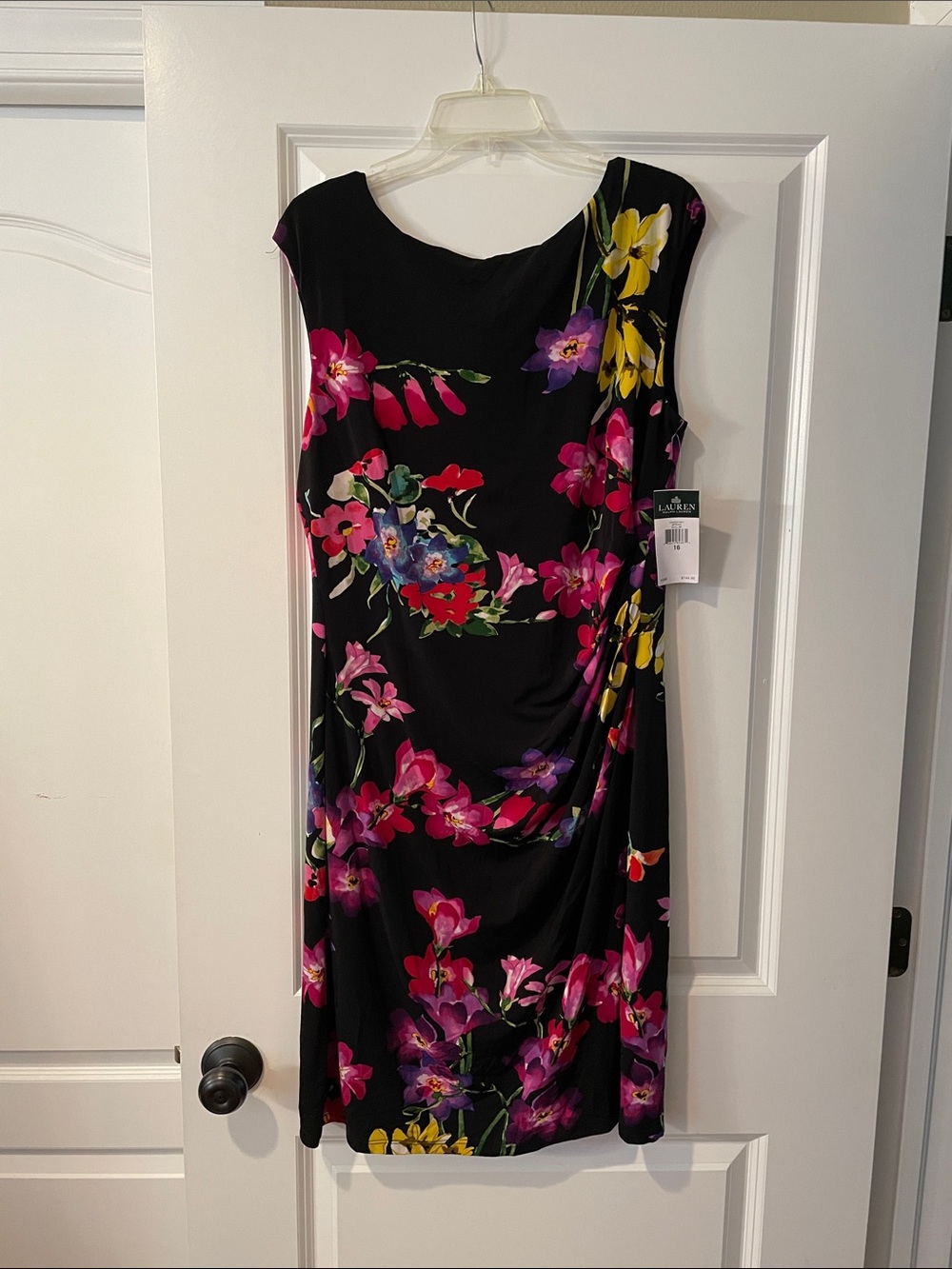 Lauren Ralph Lauren Black Floral Midi Dress with Pink & Yellow Blooms